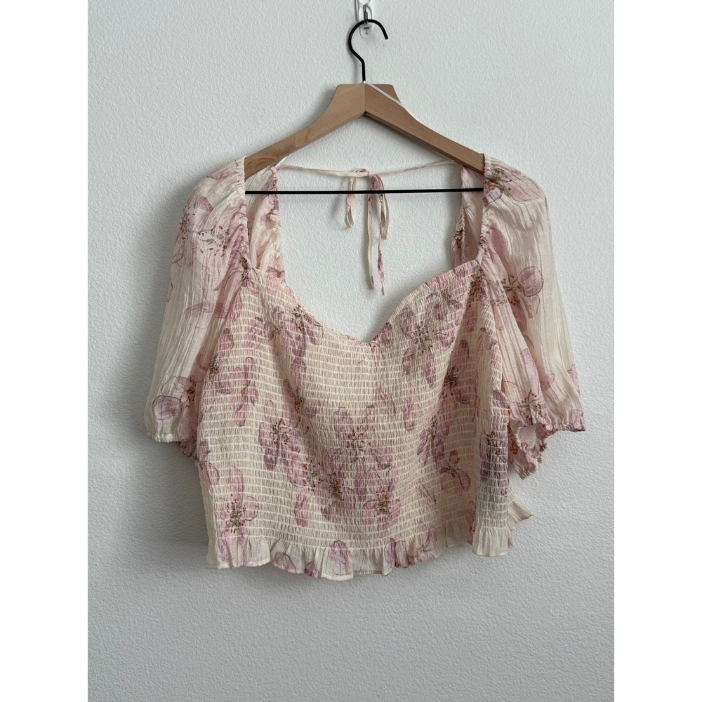 H&M Smocked Floral Puff‎ Sleeve Blouse XXL Pink Coquette Fairycore Boho Crop Top